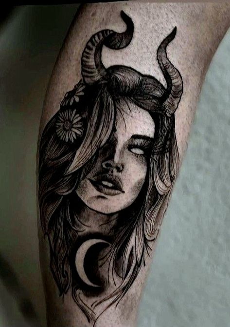 Witchy Pinup Tattoo, Aries Girl Tattoo, Malificent Tattoo Design, Female Devil Tattoo, Demon Woman Tattoo, Lilith Tattoos, Lilith Tattoo Ideas, Lilith Tattoo Design, Lilith Tattoo Art