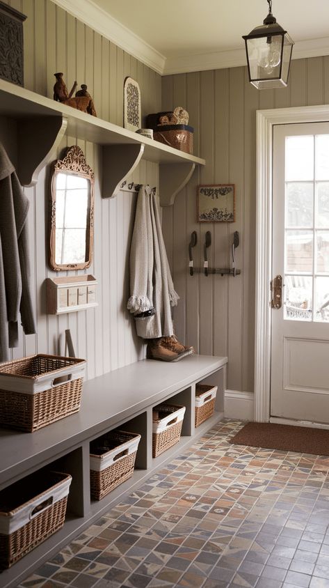 12+ Cozy Victorian Farmhouse Mudroom Essentials Farmhouse With Loft Interior, Country Farmhouse Mudroom, Old Farmhouse Aesthetic Interior, Old Money Farmhouse, Country House Interior Farmhouse Style, Colonial Farmhouse Interior, Colonial Farmhouse Interior Design, Porch To Mudroom, Breezeway Mudroom