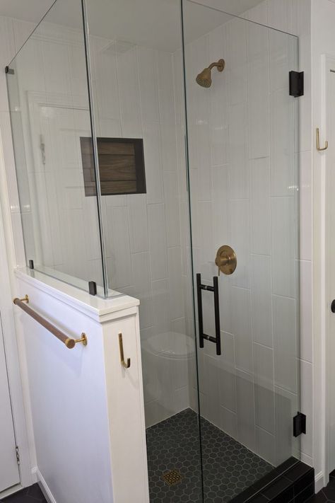 Knee Wall Ideas Bathroom, Shower Half Wall Next To Vanity, Shower Next To Doorway, Shower Knee Wall Ideas, Glass Shower With Knee Wall, Bathroom Knee Wall Ideas, 48x32 Shower Ideas, 4x4 Shower Stall Master Bath, Vanity Against Shower Wall