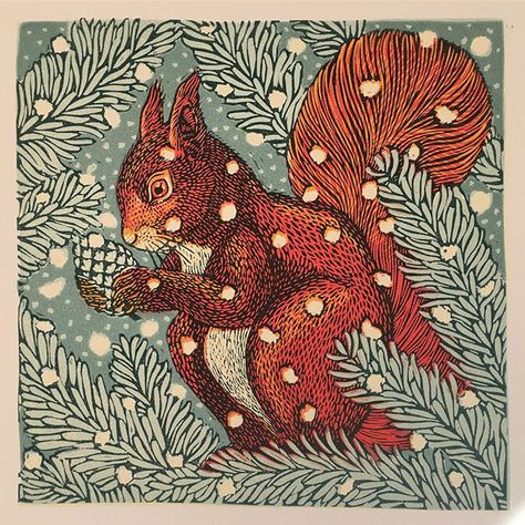 Vanessa Lubach Linocuts on Instagram: “Printing the last layer of another small batch of Red Squirrels this lovely October morning. The low light is streaming in, warming my back…” Linoleum Prints, Squirrel Illustration, Squirrel Art, Linocut Art, A Squirrel, Red Squirrel, Art Et Illustration, Woodland Creatures, Lino Print