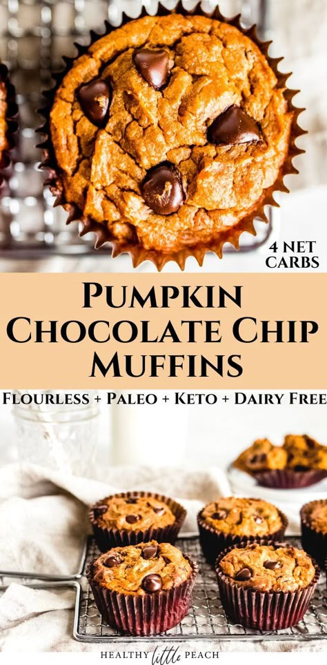 Pumpkin Muffins With Chocolate Chips, Keto Pumpkin Muffins, Recipe With Chocolate Chips, Flourless Muffins, Peach Healthy, Muffins With Chocolate Chips, Muffins With Chocolate, Healthy Treats Recipes, Pumpkin Muffin Recipes