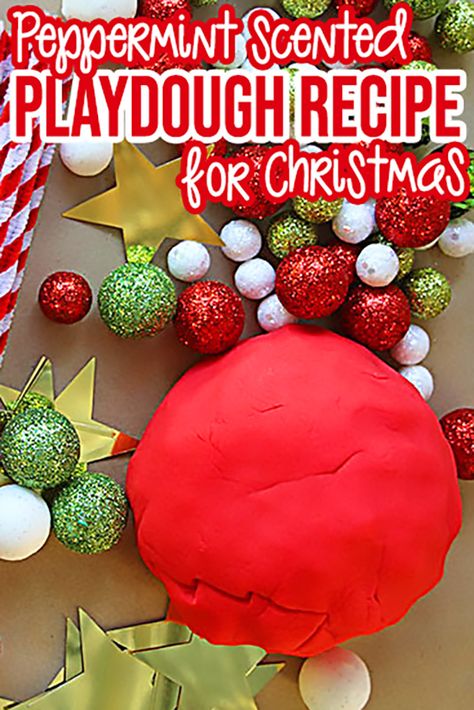 No Cook Peppermint Playdough Recipe Peppermint Playdough Recipe No Cook, Peppermint Playdough Recipe, Homemade Christmas Playdough, Diy Christmas Playdough, Scented Playdough Recipe No Cook, Christmas Playdough Ideas, Peppermint Crafts For Kids, Christmas Playdough Recipe, No Cook Play Dough Recipes