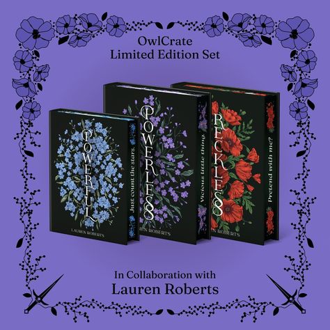 Hey Book Owls, we are so excited to announce our OwlCrate Limited Edition ✨POWERLESS SET✨ in collaboration with @laurenrobertslibrary⁠ ⁠ This set will include books 1 and 2 in the series (Powerless & Reckless), as well as the novella (Powerful). Please note the Powerful novella will be a smaller sizing to Powerless & Reckless.⁠ ⁠ Our Limited Edition ✨POWERLESS SET✨ will feature: ⁠ 💜 Exclusive redesigned covers illustrated by @julie.reinhart_ ⁠ 💙 Reversible dust jackets by @giannyfili⁠ ❤️ Har... Reckless Book Cover, Limited Edition Book Covers, Powerless Special Edition, Powerless Book Cover, Dream Bookshelf, Book Corner Ideas Bedroom, Cose Aesthetic, Book Rebinding, Powerless Trilogy