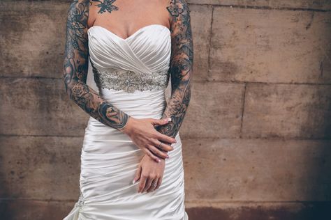 Glamorous & Modern Wedding with a Gorgeous Heavily Tattooed Bride: Claire & Ste Tattoos Wedding Dress, Tattoo Wedding Dress, Tattooed Brides, Tattoo Wedding, Tattoo Dress, Brides With Tattoos, Retro Tattoos, Shoulder Tattoos, Wedding Tattoos