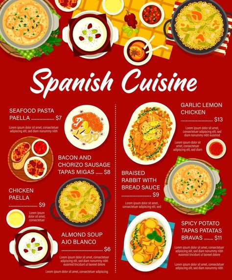 Spanish cuisine vector menu Spain meals price list Danish Cuisine, Georgian Cuisine, Malaysian Cuisine, Tapas Restaurant, Appetizer Dishes, Spanish Cuisine, Restaurant Dishes, Food Ads, British Food