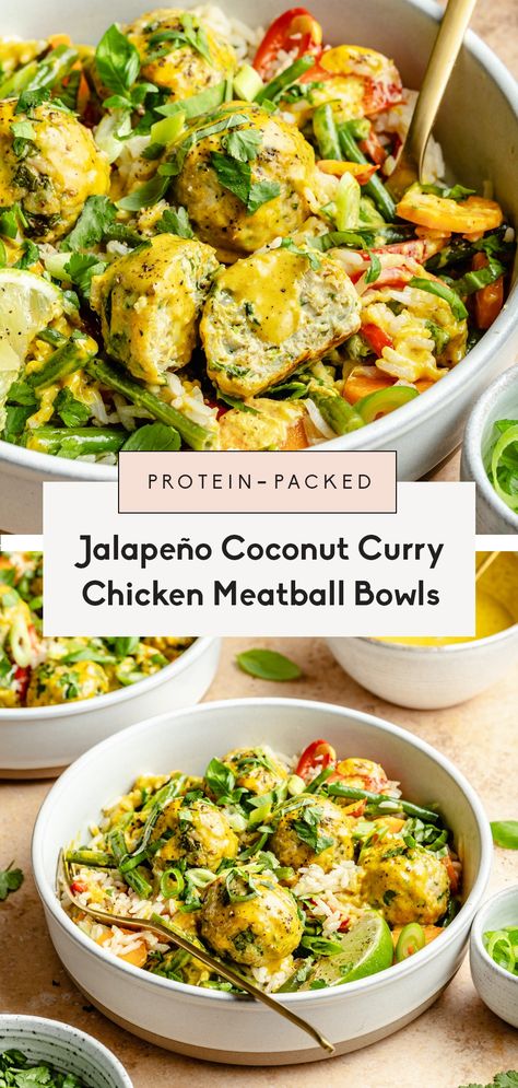 Mango Jalapeno Chicken Meatballs, Summer Dinner Meal Prep, Chicken Meatball Bowls, Yellow Coconut Curry, Curry Chicken Meatballs, Meatball Bowls, Meatballs Healthy, Chicken Meatball, Coconut Curry Sauce