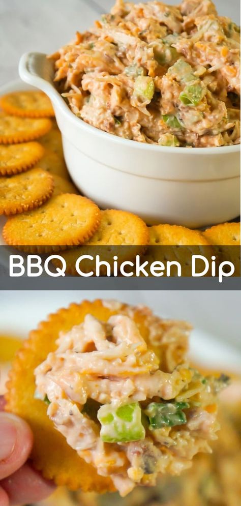 BBQ Chicken Dip is a delicious cold party dip recipe perfect for serving with Ritz Crackers. This flavourful dip is loaded with shredded chicken, crumbled bacon, cheese and BBQ sauce. Bbq Chicken Dip, Cold Dip Recipes, Shredded Bbq Chicken, Chicken Dip Recipe, Party Dip Recipes, Party Dip, Football Party Food, Dip Recipes Easy, Party Dips