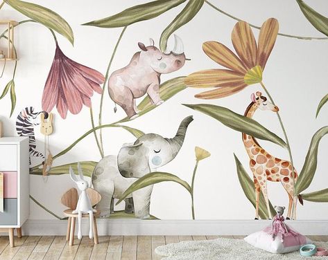 Kids Wallpaper Self Adhesive Peel and Stick Safari Animals | Etsy Animals With Flowers, Peel N Stick Wallpaper, Lotus Flower Wallpaper, Kids Room Wall Murals, Kids Room Murals, Tree Wall Murals, Nursery Wall Murals, Forest Wall Mural, Peony Wallpaper