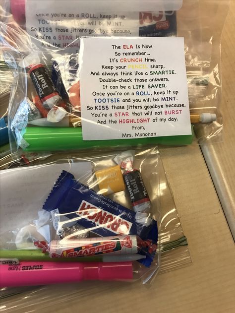 ELA motivational treat bags. Goodie Bags For College Students, Staar Test Goodie Bags, Student Testing Motivation, Reading Test Strategies, State Testing Motivation, Testing Treats For Students, Staar Test Motivation, Eoy Activities, Test Motivation