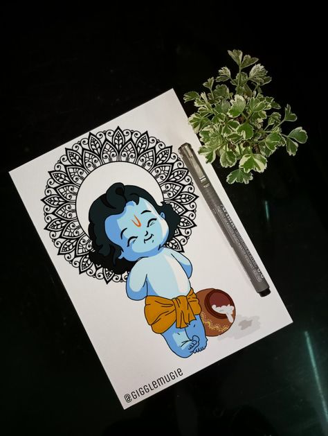 Janmashtami Mandala Art Easy, Krishna Doodle Art Easy, Bhagwan Drawing, Krishna Mandala Art, Janmashtami Drawing, Krishna Mandala, God Drawing, Mandala Book, Bond Paper Design