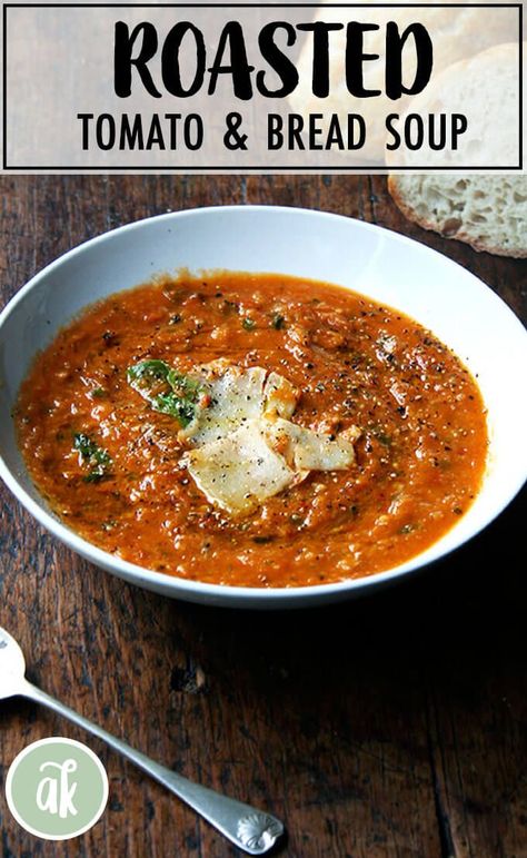 Roasted tomato and bread soup (pappa al pomodoro) — a late summer favorite! In this roasted tomato and bread soup, slow-roasting the tomatoes, onions, carrots and garlic concentrates all of the flavors, making any liquid but water unnecessary. If you leave out the parmesan, it's easily made vegan. It's super flavorful! #roasted #tomato #bread #soup #pappaalpomodoro Tomato Bread Soup, Soup With Bread, Red Pepper Pasta Sauce, Notes Plan, Bread Soup, Tomato Bread, Pepper Pasta, Slow Roast, Roasted Tomato