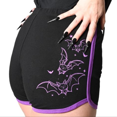 New With Tags Bat Outline Women's Running Shorts Will Add Some Bat-Titude And Glam To Your Look. Designed With A Print Of A Cute Sparkly Bat Duo On The Front And Flying Bat Flock On The Back Sides, With Purple Piping On The Edges. Crafted From 95% Cotton And 5% Spandex, With Elasticated Waist These Shorts Provide A Comfortable And Flexible Fit. Designed In California. Sizes Small, Medium, Large, Xl, Xxl, Xxxl Available Grsbop 39 Bat Outline, Flying Bat, Women's Running Shorts, Attitude Clothing, Running Shorts Women, Active Wear Shorts, Lounge Shorts, Street Outfit, Edgy Outfits