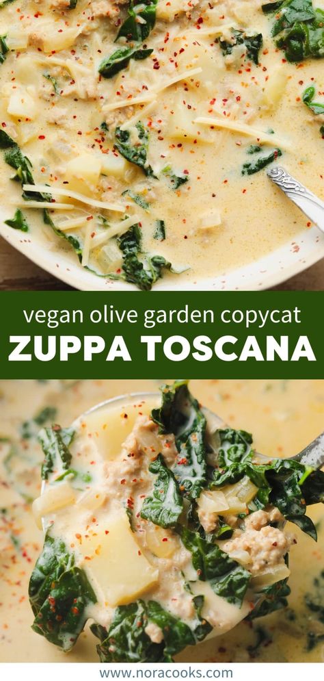 Vegan Zuppa Toscana Vegan Zuppa Toscana, Vegan Heavy Cream, Nora Cooks, Chicken Sausage Recipes, Vegan Potato Soup, Easy Vegan Soup, Garlic Kale, Vegan Crockpot, Vegan Entrees