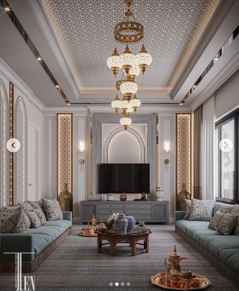 Arabian House Design, Living Room Decor Blue Sofa, Arabic Interior Design, Islamic Interior Design, Minimalist Living Room Ideas, Moroccan Style Interior, Living Room Minimalist, Classical Interior, Living Room Built Ins