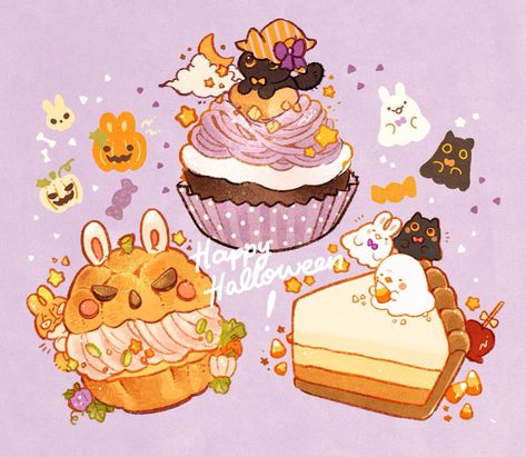 Halloween Food Drawing, Halloween Food Art, Sweets Drawing, Chibi Food, 귀여운 음식 그림, Foodie Art, Food Artwork, Food Illustration Art, Spooky Treats