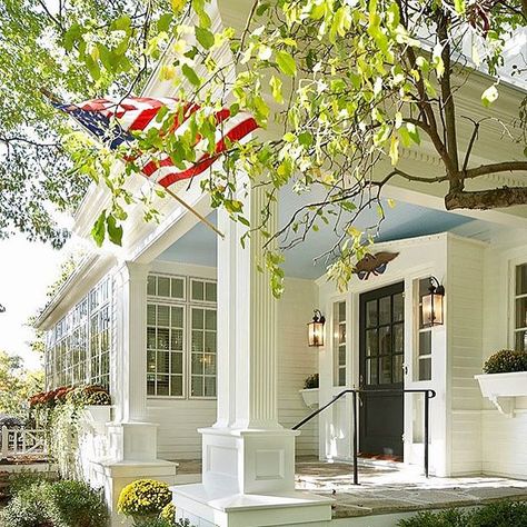 Patriotic white exterior with dreamy porch Kristy Wicks, Garage Door Colors, Rustic Photography, Shingle Exterior, Porch Steps, House With Porch, Home Porch, White Rooms, Stone Houses