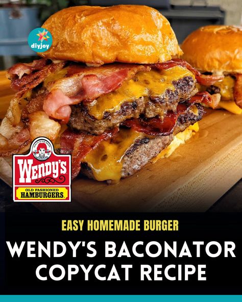 Wendy's Baconator Copycat Recipe | Easy Homemade Burger Recipe | How to Make Baconator At Home | Cheeseburger Ingredients | Famous Fastfood Menu via @diyjoycrafts Burger Copycat Recipes, Wendys Burger Recipe, A&w Copycat Recipes, Restaurants Copycat Recipes, Whataburger Copycat Recipes, Hamburger Subs, Burger King Copycat Recipes, Sandwich Types, Wendys Burger