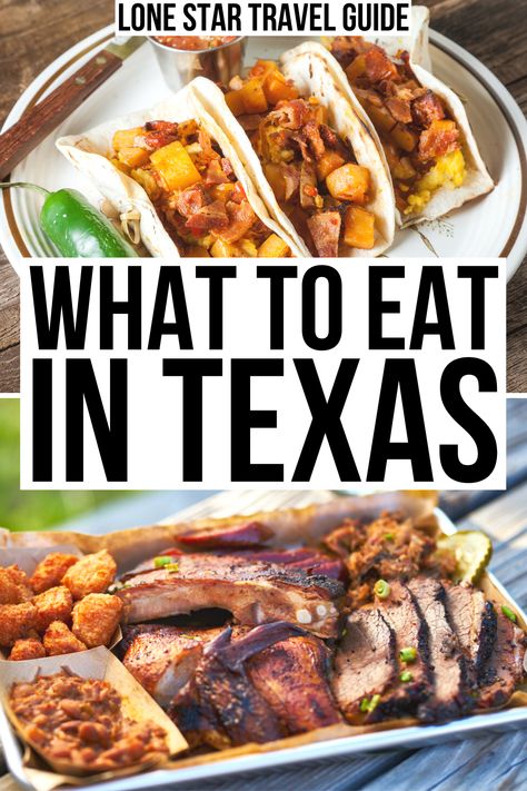 From barbecue to breakfast tacos, here are the best things to eat in Texas!  food in texas | texas cuisine | what to eat in texas | texas food ideas | traditional texas food | texas food traditional | things to do in texas | texas travel tips | texas vacation ideas | texas barbecue | texmex food ideas | best texas foods | best texas dishes | meals to eat in texas Texas Foods, Texas Cuisine, Texas Recipes, Texas Vacation, Texas Barbecue, Food Traditional, Texmex Food, Usa Food, Texas Food