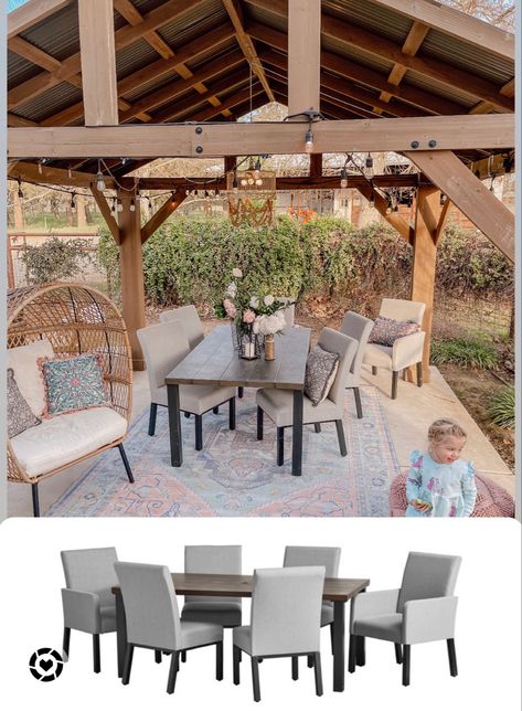 Gazebo And Dining Table, Gazebo Dining Ideas, Gazebo Dining, Gazebo Patio, Pergola Roof, Bead Chandelier, Wood Bead Chandelier, Hardtop Gazebo, Outdoor Eating