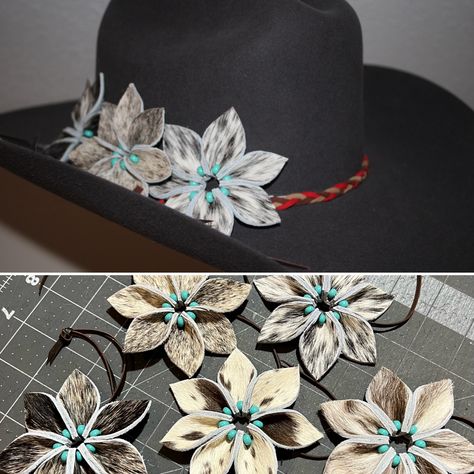 Cowboy Hat Bands Diy Ideas, Hat Band Ideas, Western Crafts Diy, Cowhide Crafts, Diy Leather Hat, Western Hat Bands, Leather Hat Bands, Western Decor Diy, Cowboy Hat Crafts