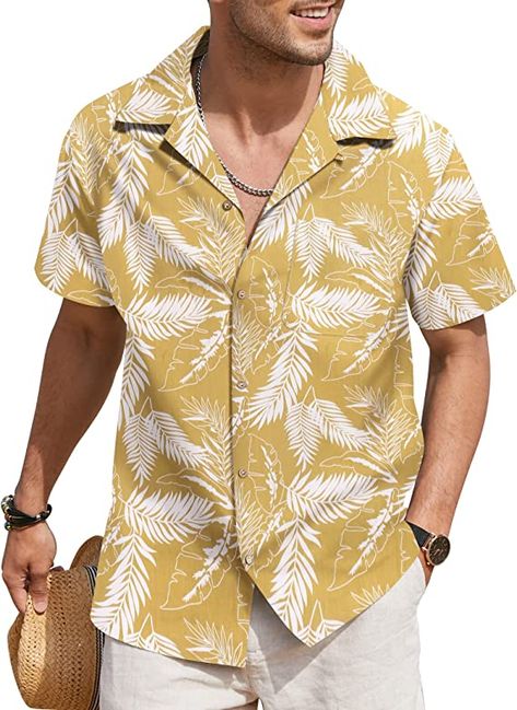 COOFANDY Men Floral Cotton Shirts Front Pocket Short Sleeve Casual Summer Shirts at Amazon Men’s Clothing store Tropical Fashion, Floral Hawaiian Shirt, Linen Shirt Men, Tropical Shirts, Women Beach, Men's Button Down Shirt, Beach Shirts, Summer Flowers, Floral Shirt