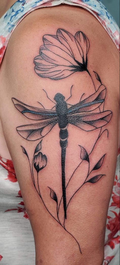 Dragonfly Tattoo Design With Flowers Sleeve, Dragon Fly Cover Up Tattoo, Dragonfly Tattoo Flowers, Dragon Fly Shoulder Tattoo, Dragon Fly With Flowers Tattoo, Dragonfly Sleeve Tattoo, Dragonfly Thigh Tattoo, Dragon Fly And Flower Tattoo, Dragonfly With Flowers Tattoo