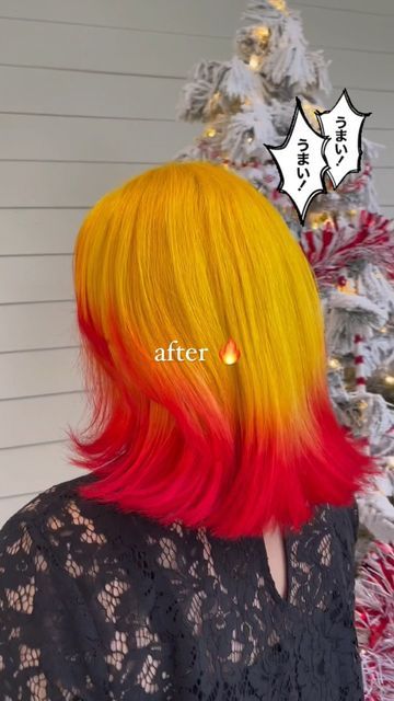 Rengoku Dyed Hair, Short Colourful Hair, Rengoku Hair Dye, Fox Color Hair, Rengoku Hair, Red And Yellow Hair, Yellow Hair Dye, Red Dip Dye, Red Hair Tips