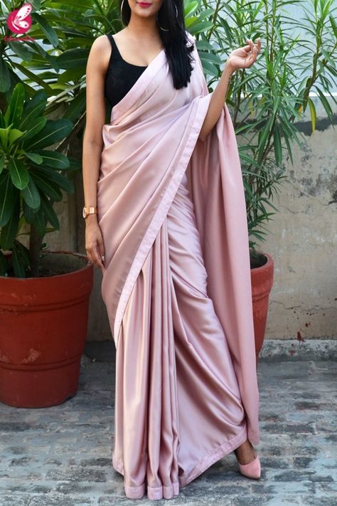 Buy Pinkish Mauve Satin Dupion Silk Taping saree - Sarees Online in India | Colorauction Shiny Saree, Formal Saree, Sarees For Girls, Saree Draping Styles, Indian Sari Dress, Modern Saree, Sari Dress, Indian Saree Blouses Designs, Indian Fashion Saree