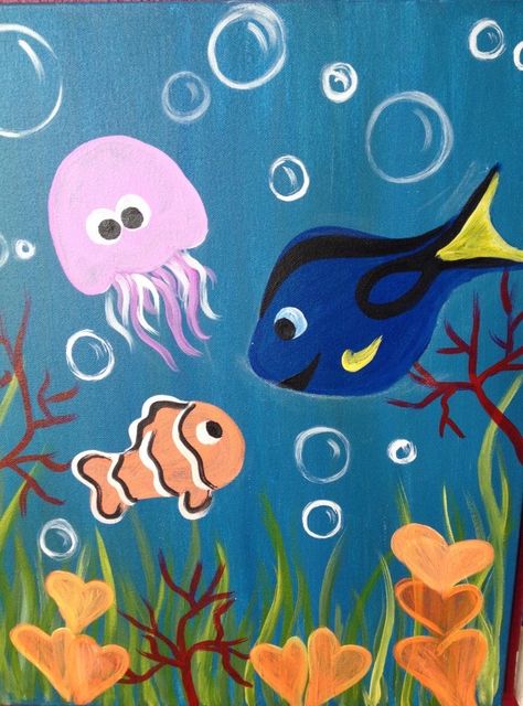 Fish Ocean Drawing, Under The Sea Canvas Painting, Ocean Animals Painting Acrylic Easy, Aquarium Painting Ideas, Summer Animals Drawing, Cute Fish Painting, Painting Fish Easy, Painting Fish Acrylic, How To Paint Fish