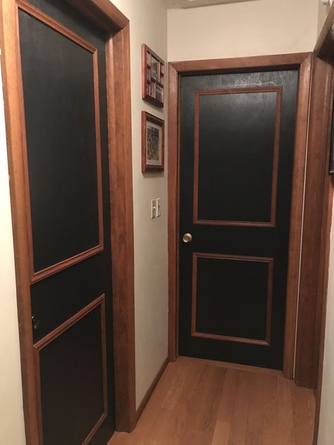 Black Trim Wood Door, Black Doors With Wood Trim Interior, Wood Trim Black Doors, Black Interior Doors With Wood Trim, Cheap Door Makeover, Painting Doors Interior, Hollow Door Makeover, Craftsman Style Door Trim, Interior Doors Stained