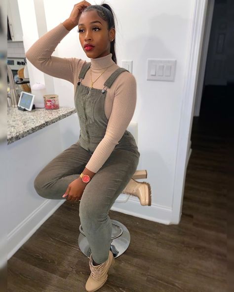 Caitlyn K. Davis 👑 🌐 on Instagram: “A whole vibe ✨#ILoveNeutralcolors Outfit + Booties: @fashionnova Fashion Nova Partner . Take Me Back Corduroy Overalls - Olive Just Drop…” Black Women Fall Outfits Street Styles, Outfits Black Women Baddie, Black Women Baddie, Fall Outfits Black Women, Outfits Black Women, Twisted Hair, Fashion Nova Outfits, Looks Black