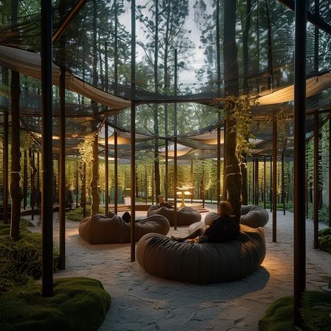 Forest Pavilion Architecture, Relaxing Architecture, Zen Lounge, Temple Spa, Outdoor Gathering Space, Pavilion Architecture, Timber Frame Construction, Resort Design, Generative Design