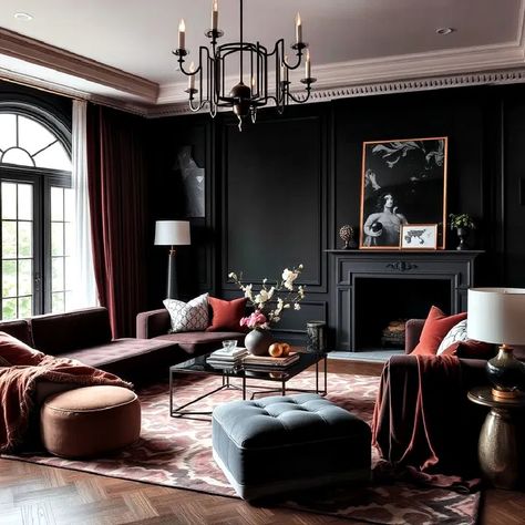 30 Dark Living Room Ideas for A Dramatic Dark Room Design, Dark Living Room Ideas, Dark Living Room, Parisian Living Room, Feminine Living Room, Dark Deco, Dark Ceiling, Black Living, Velvet Room