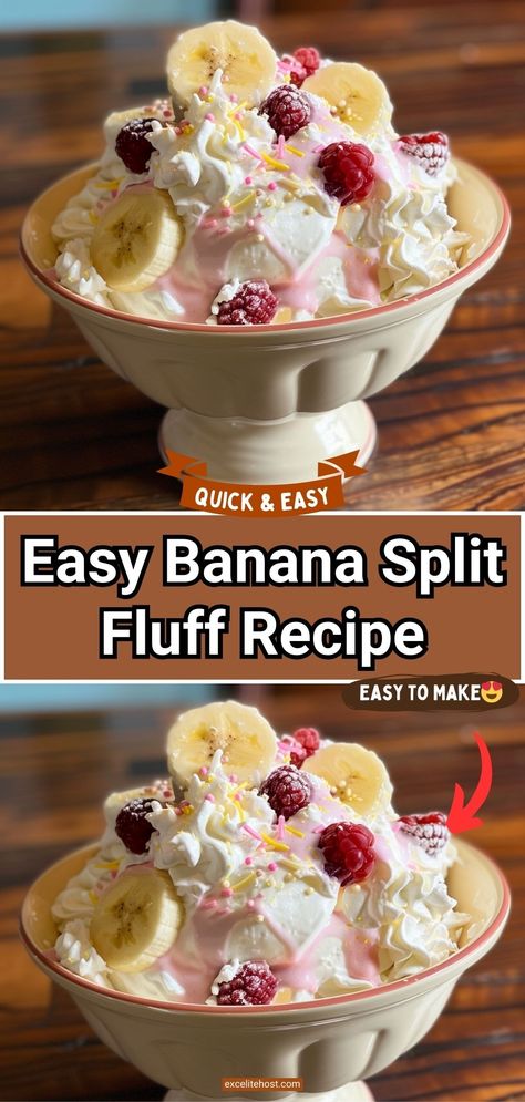 Banana Split Fluff Banana Split Salad Recipe, Banana Split Fluff Salad, Banana Split Fluff, Espresso Cookies Recipe, Banana Split Dessert Recipes, Marshmallow Fluff Recipes, Fluff Salad Recipes, Instant Banana Pudding, Banana Cream Pudding