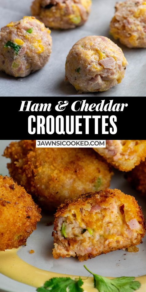 These Ham and Cheese Croquettes make a great main dish or appetizer all year round! Use up leftover holiday ham, or grab a few ham steaks and whip up an unforgettable treat! Leftover Deli Meat Recipes, Using Ham Leftovers, Using Up Leftover Ham, Ham And Cheese Croquettes Recipe, Lunchmeat Ham Recipes Dinners, Leftover Deli Ham Recipes, Slice Ham Recipes, Recipes For Ham Leftovers, Ham Steak Meals