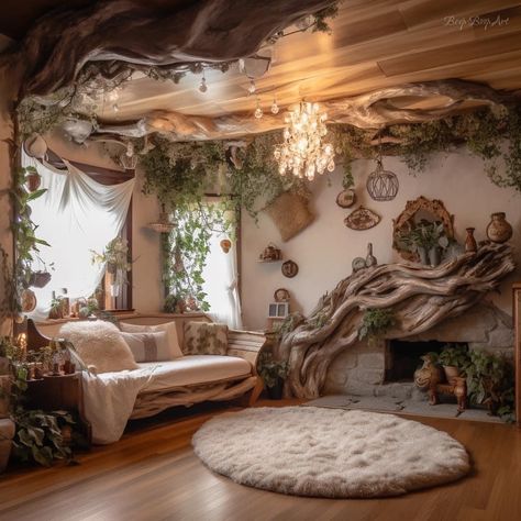 Naturecore Bedroom Aesthetic, Fairy Cottage Aesthetic Interior, Huge Mirror Ideas, Fairycore Home Aesthetic, Fairy Cottage Core Room, Fairycore Living Room Aesthetic, Forest Core Living Room, Fairy Core Nursery, Bedroom Asethic