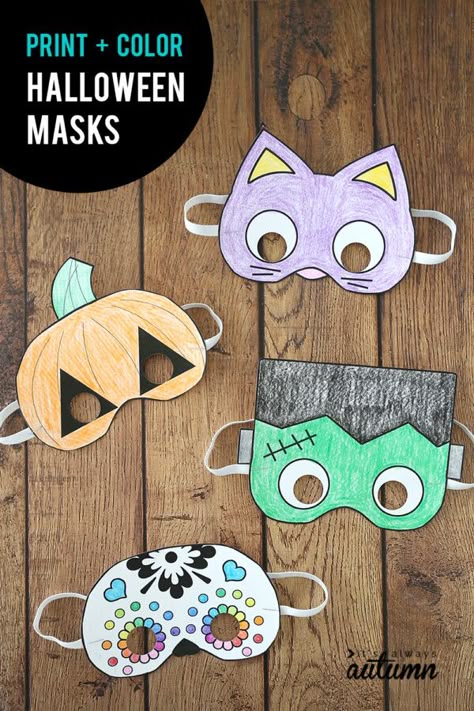 Print + color Halloween masks are an easy and expensive Halloween craft for kids. These are a great activity for a class Halloween party! Inexpensive Halloween Crafts, Halloween Mask Craft, Printable Halloween Masks, Diy Halloween Masks, Classroom Halloween Party, Dekorasi Halloween, Halloween Infantil, Halloween Class Party, School Halloween Party