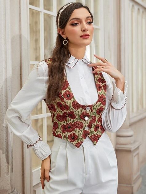 Floral Print Vest Blazer | SHEIN USA Formal Vest Outfits For Women, Waist Coat Outfit Women, Waist Coat For Women, Indian Vest, Waistcoat Outfit, Vest Outfits For Women, Floral Vest, Floral Print Blazer, Women Blazers