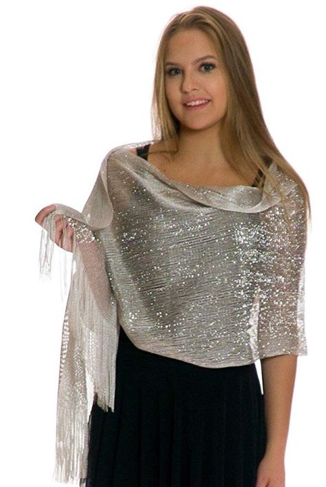 Shawls and Wraps for Evening Dresses, Metallic Sparkle Womens Wedding Silver Shawl at Amazon Women’s Clothing store Evening Dresses Wedding, Evening Scarf, Evening Shawls, Dress With Shawl, Capes For Women, Wedding Shawl, Prom Outfits, Women Shawl, 1920s Fashion