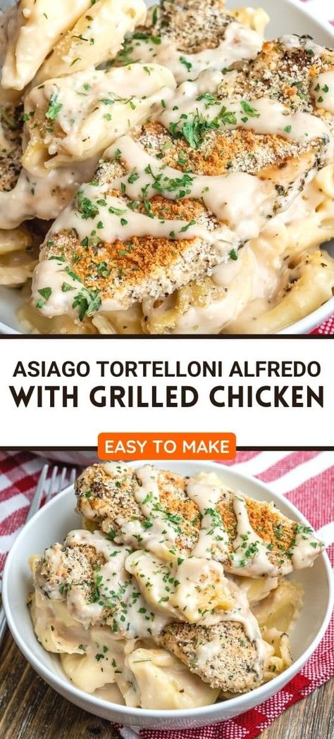 Asiago Tortelloni Alfredo with Grilled Chicken Chicken Breast Pasta, Asiago Chicken, Copycat Olive Garden, Mediterranean Diet Recipes Dinners, Chicken Tortellini, Easy Grilled Chicken, Chicken Tenderloins, Copykat Recipes, Daily Recipes