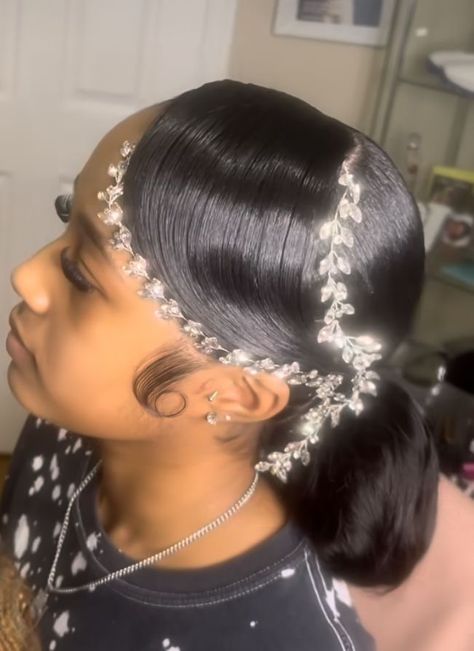 Prom Hairstyles For Black Women With Diamonds, Royal Hairstyles Black Women, Masquerade Hairstyles Black Women, Prom Inspo Black Women, Fancy Black Hairstyles, Ponytail With Gems, Formal Hair Black Women, Elegant Hairstyles Black Women, Prom Hairstyles For Black Women