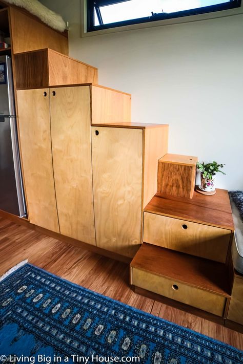 Inside Tiny Houses, House Bus, Storage Stairs, Tiny House Stairs, Tiny House Storage, Small Tiny House, Tiny House Loft, Tiny House Layout, Building A Tiny House