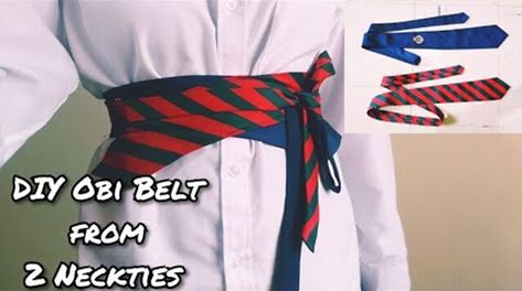 Diy Belt From Tie, Obi Belt From Neck Ties, Using A Tie As A Belt, Belt Making Diy, Neck Tie Belt, Neck Tie Upcycle, Belt From Scarf, Tie Belt How To, Obi Belt Diy