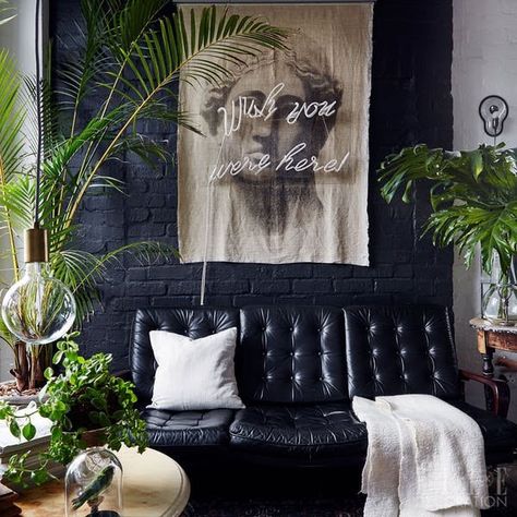 Decor Styles to Mix - Hygge Gothic Jungalow | If you're sick your mishmash decor looking like every other "eclectic" space you've ever seen, maybe a more streamlined hybrid design is what you need. Here are five new decorating styles that are a hybrid of two existing aesthetics to get your creative juices flowing and inspire your best home yet. Decor Ikea, 아파트 인테리어, Versace Home, Dark Interiors, Style Deco, A Living Room, Dream Decor, My New Room, Contemporary Decor