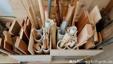 How to build storage for scrap wood of all sizes. #storage #small #2x4 #woodstorage #garage #organization #mobile #movable #drawers #bins #homeimprovement Garage Scrap Wood Storage, Organize Wood Scraps, How To Organize Scrap Wood In Garage, Wood Cutoff Storage, Wood Scrap Storage Ideas, Scrap Lumber Storage, How To Store Scrap Wood, Small Scrap Wood Storage, Off Cut Storage