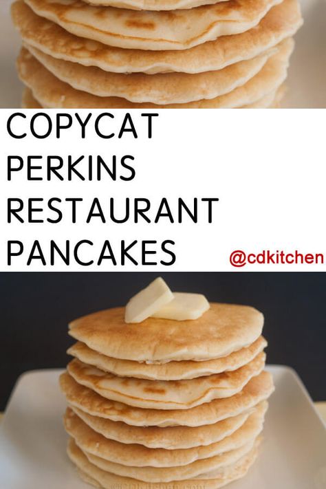 Copycat Perkins Restaurant Pancakes - Make pancakes just like the restaurant does! This recipe contains baking mix, eggs, club soda, and melted margarine or shortening. Made with baking mix, eggs, club soda, shortening or margarine, vegetable oil | CDKitchen.com Perkins Pancake Recipe, Restaurant Pancakes, Perkins Restaurant, Potato Breakfast Recipes, Make Pancakes, Copycat Restaurant Recipes, Breakfast Pancakes, Club Soda, Baking Mix