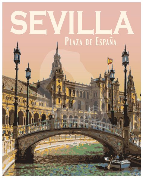 Relive your trip to beautiful Seville (Sevilla) Spain (and all that monchego cheese and chorizo) with this original, vintage-style travel poster. We print our posters and gallery-wrapped canvas prints using high-quality papers/canvas, archival pigment inks, and professional printing processes. We guarantee the quality of our posters and gallery-wrapped canvas prints. Greeting cards and postcards are shipped flat and printed on high-quality cardstock. These cards make great gifts and look wonderf Vintage Travel Posters Spain, Spain Vintage Poster, Sevilla Aesthetic, Backpacking Europe Packing, Seville Spain Travel, Cruise Tips Royal Caribbean, Spain Poster, Last Minute Travel Deals, Spain Vintage