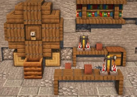 Minecraft Brewery Room Ideas, Minecraft Brewing Station Ideas, Minecraft Distillery, Minecraft Brewery Ideas, Minecraft Alchemy Lab, Minecraft Wine Barrel, Wine Cellar Minecraft, Minecraft Wall Decor Ideas, Minecraft Food Storage