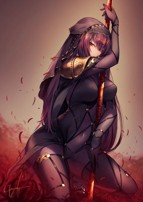 1girl bangs bodysuit breasts covered_navel eyebrows_visible_through_hair fate/grand_order fate_(series) gae_bolg hair_between_eyes holding holding_weapon kneeling kyouya_(mukuro238) large_breasts long_hair looking_at_viewer pauldrons polearm purple_bodysuit purple_hair red_eyes scathach_(fate)_(all) scathach_(fate/grand_order) sidelocks signature smile solo spear tsurime veil very_long_hair weapon Fate Grand Order Lancer, Scathach Fate, Fate Characters, Fate Anime Series, Fate Zero, Fate Series, Fate Grand Order, 영감을 주는 캐릭터, Manga Pictures