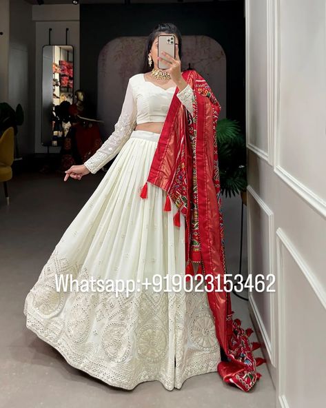 2995/- free shipping White Chikankari Lehenga Choli with Red Patola Printed Dupatta #EthnicWear #LehengaCholi #Chikankari #PatolaDupatta #IndianFashion #TraditionalAttire #BridalWear #DesiOutfit #EthnicElegance #Fashionista #CulturalFashion #IndianOutfit #FestiveFashion #WeddingWear #ElegantEthnic #StyleInspiration White Lehenga With Red Dupatta, White Chikankari Lehenga, Red Dupatta, Chikankari Lehenga, White Lehenga, Red Shawl, Reception Look, Wedding Indian, Printed Dupatta